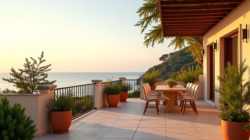 Terrazzo mediterraneo con vista sul mare, piante in vasi terracotta, strutture ombreggianti in legno naturale, atmosfera calda e accogliente