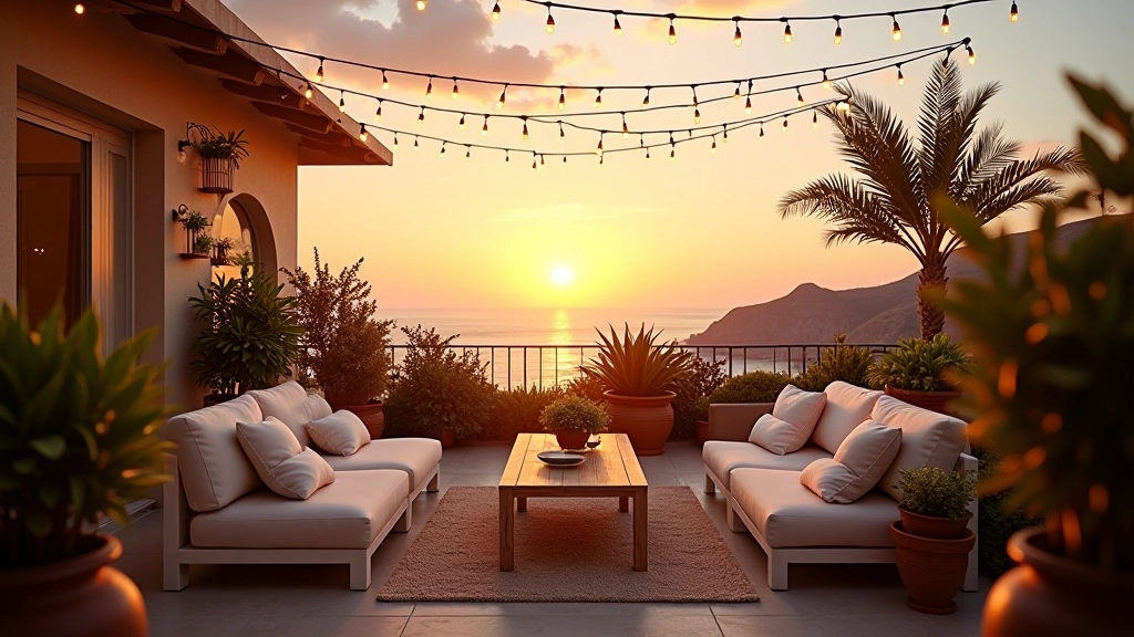 Terrazzo mediterraneo elegante con piante e strutture ombreggianti al tramonto
