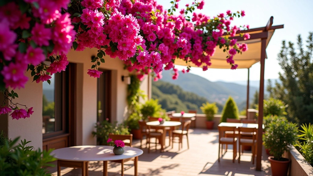 Fiori di buganvillea rosa intenso e fucsia, cascata floreale su terrazzo, sole pomeridiano