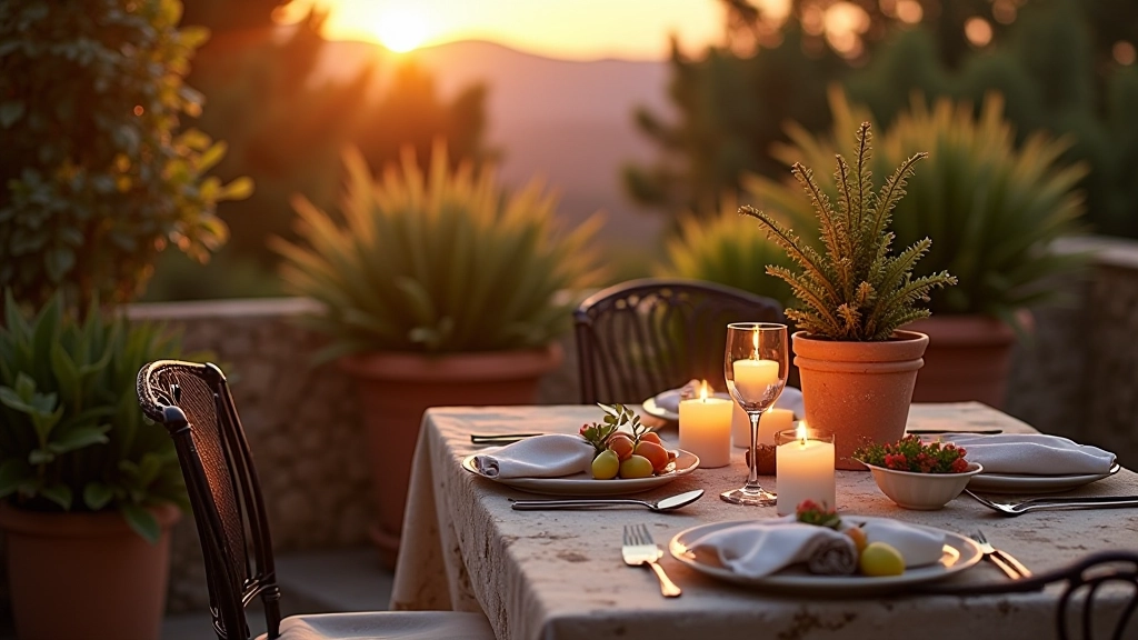 Dettaglio di un terrazzo elegante: vasi di piante mediterranee, tavolo in pietra, candele accese al tramonto, atmosfera romantica