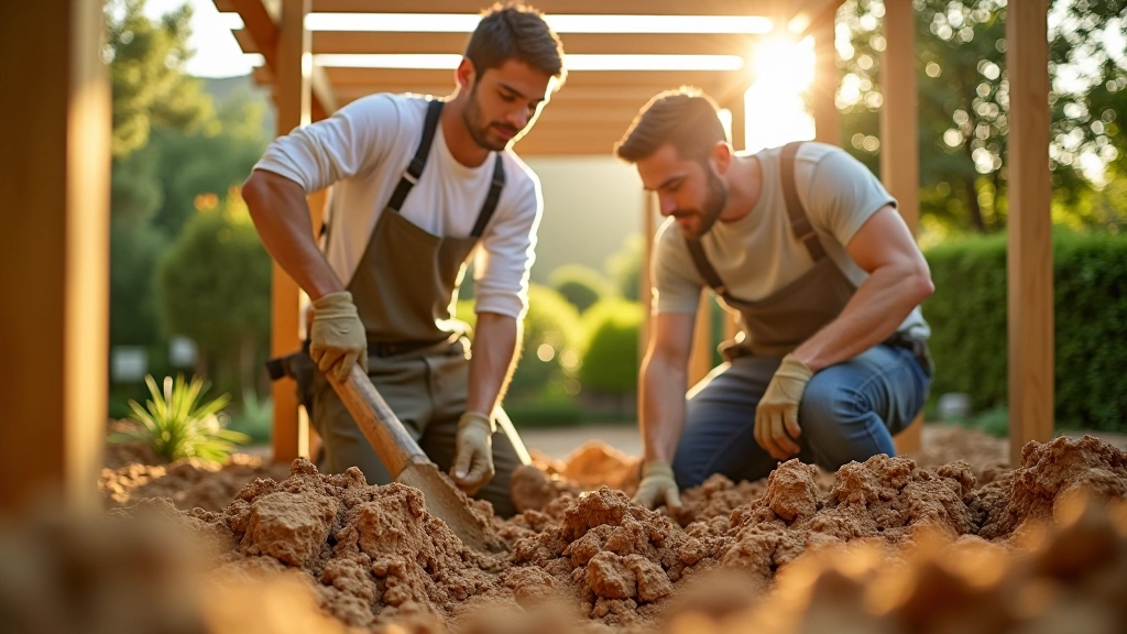 Operai professionisti durante l'installazione di un pergolato: scavo delle fondamenta, posa dei pali in legno, fissaggio con bulloni in acciaio