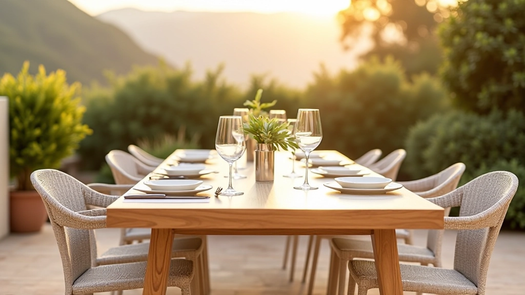 Tavolo in legno massello teak con sedie di design, allestimento elegante per cena all'aperto, terrazzo con piante verdi sullo sfondo
