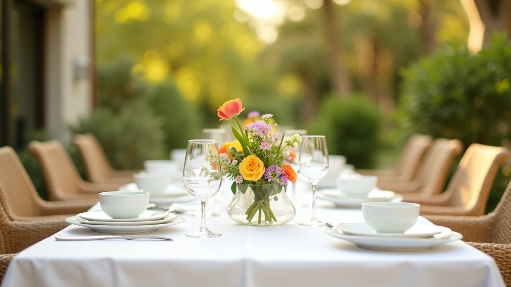 Tavola elegante all'aperto: tovaglia lino bianco, piatti ceramica, bicchieri, posate, fiori recisi al centro, runner naturale
