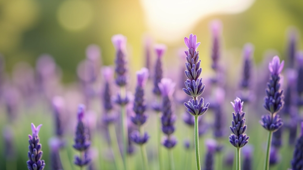 Spighe di lavanda viola intenso, primo piano botanico, sfondo sfumato, sole pomeridiano