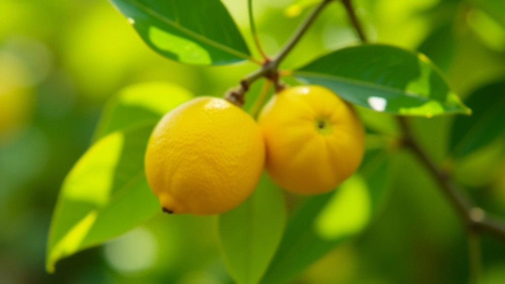 Limone maturo su ramo con foglie lucide verdi, giardino soleggiato, vista ravvicinata