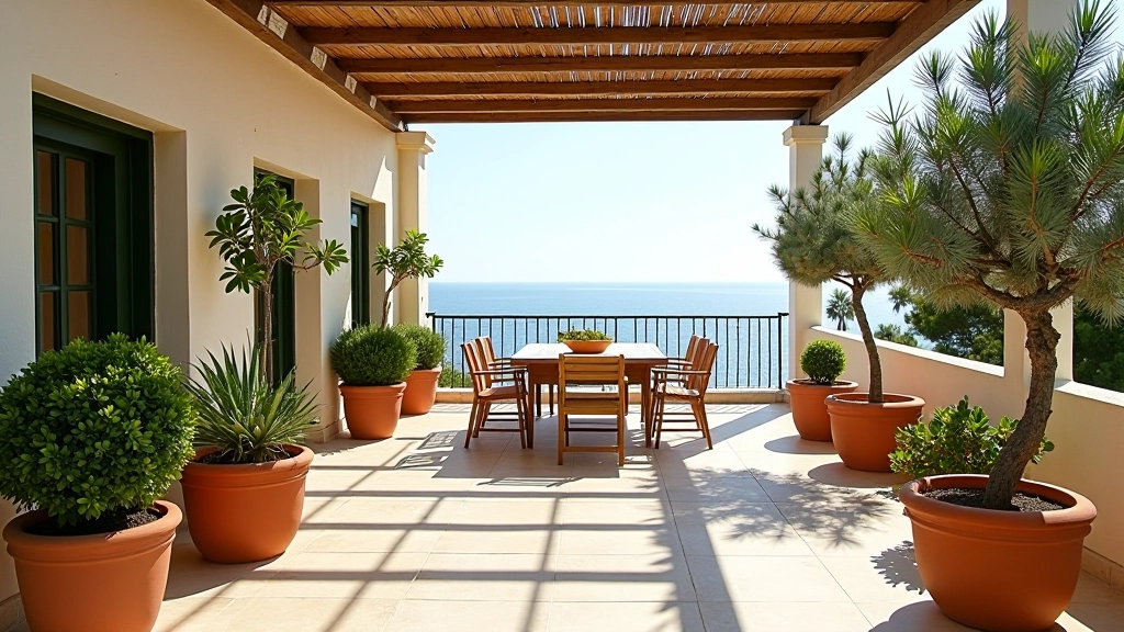 Terrazzo con piante mediterranee in vasi di terracotta, pergolato in legno naturale, vista mare sullo sfondo