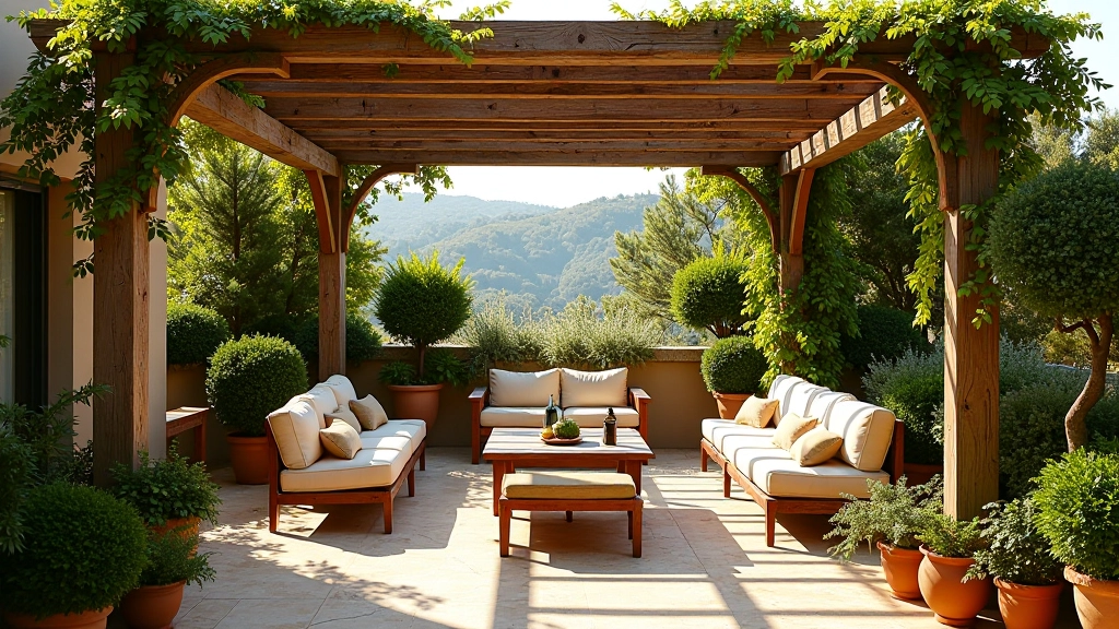 Terrazzo con pergolato e piante mediterranee