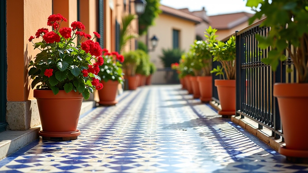 Pavimento terrazzo napoletano con mattonelle blu decorate, vaso di terracotta con gerani rossi, ferro battuto decorativo sullo sfondo