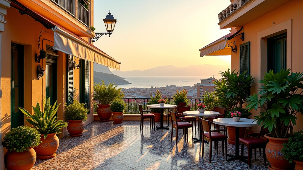 Terrazzo in stile napoletano: mattonelle decorate, piante in vasi colorati, vista sulla citt√† e golfo di Napoli al tramonto