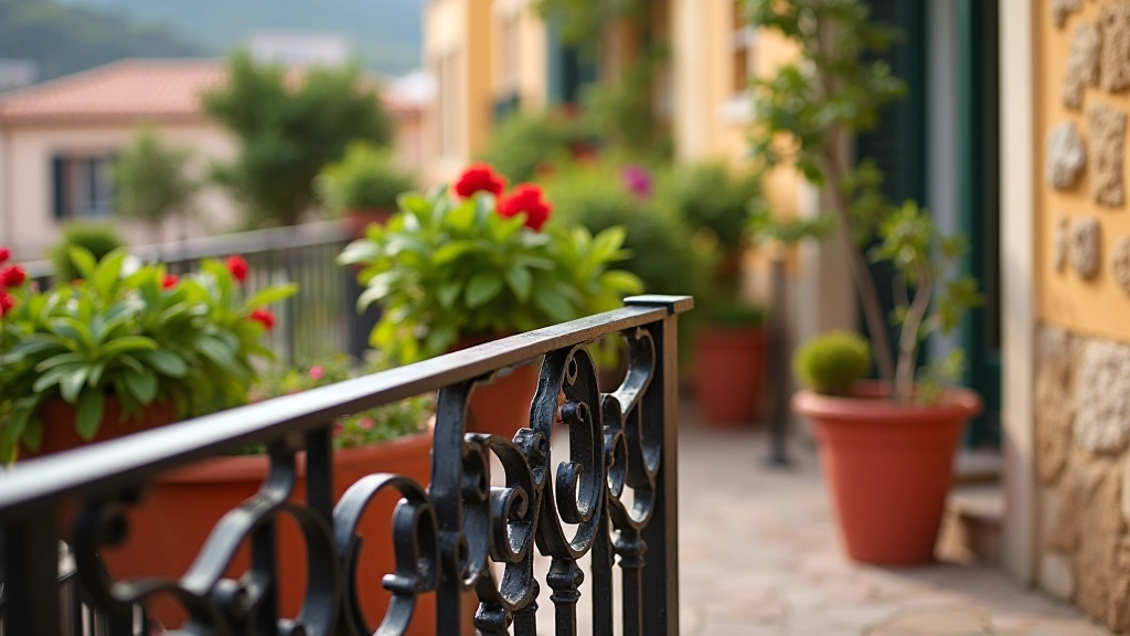 Dettagli di ferro battuto decorativo su ringhiera terrazzo, con vasi di terracotta rossi sullo sfondo e architettura tradizionale napoletana