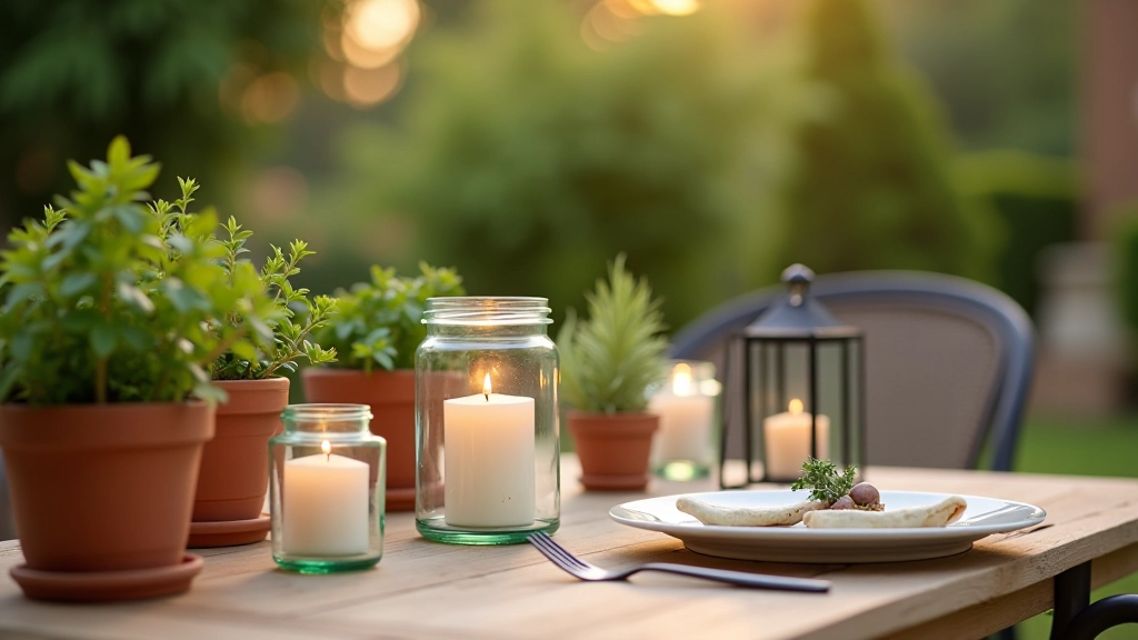 Dettagli decorativi terrazzo: candele in barattoli vetro, lanterne ferro battuto, piante in vasi terracotta, oggetti decorativi