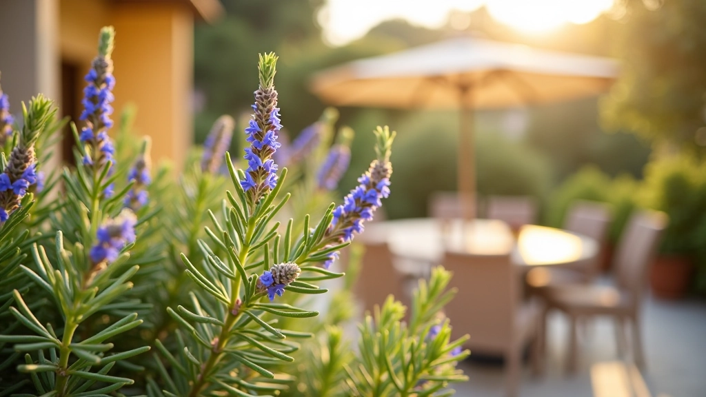 Fiori di rosmarino blu-viola su rami aghiformi, terrazzo soleggiato, profondità di campo soft