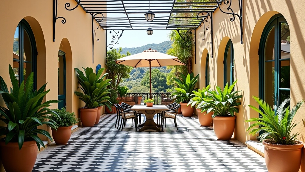 Terrazzo siciliano con pavimentazione geometrica in bianco e nero, archetti in ferro battuto, piante in vasi di ceramica siciliana