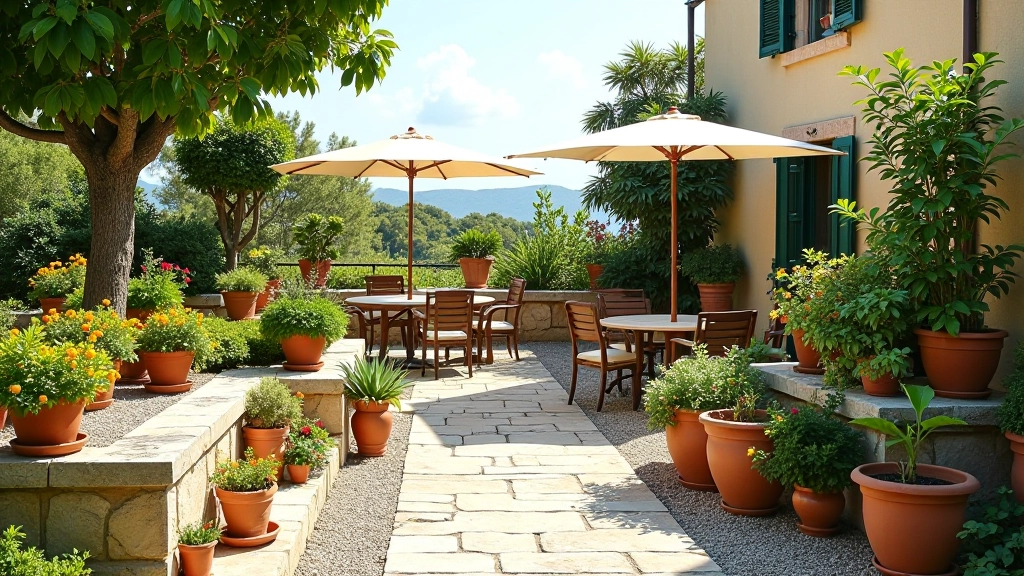 Terrazzo con selezione di piante mediterranee in vasi