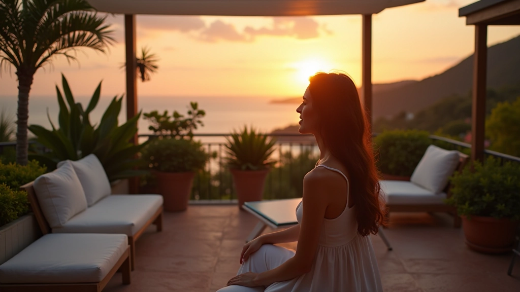 Donna che gode del suo terrazzo progettato con piante mediterranee al tramonto